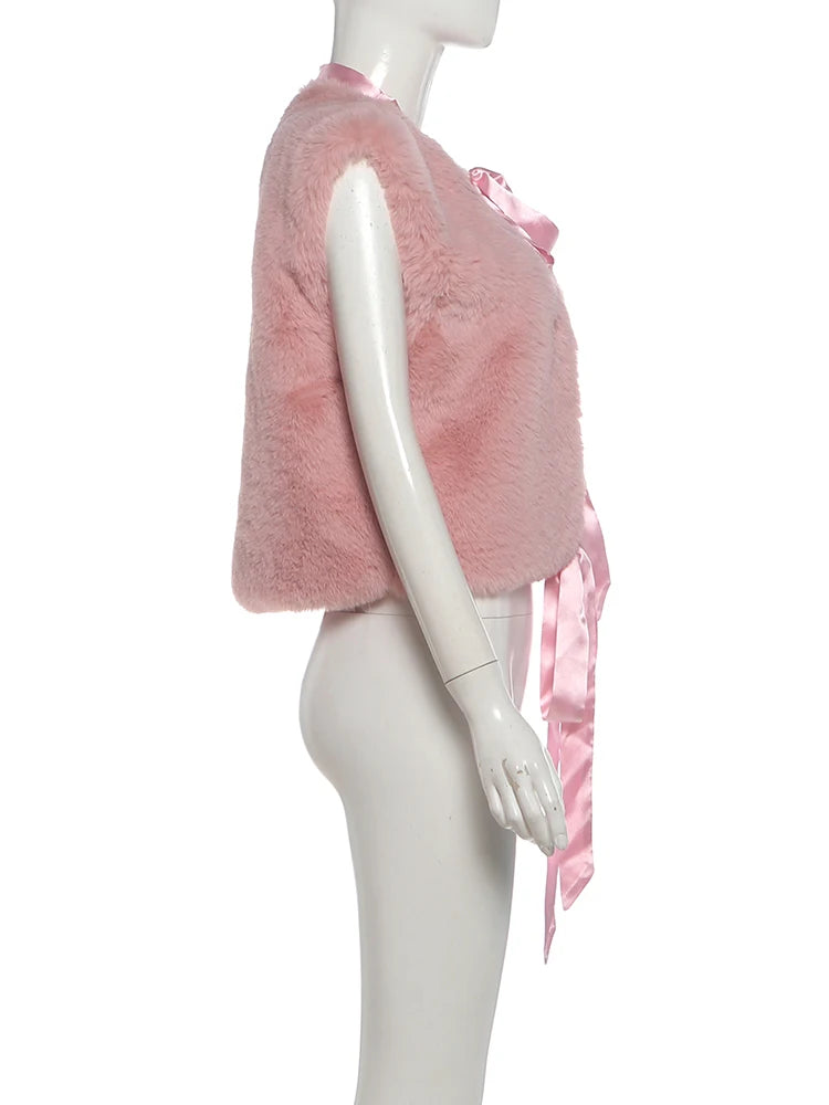 Cutenew Elegant Tank Tops Woman Autumn Trend Furry Comfortable o-Neck Bow Decoration Sweet Girl Street Fashion Y2K Style Vest