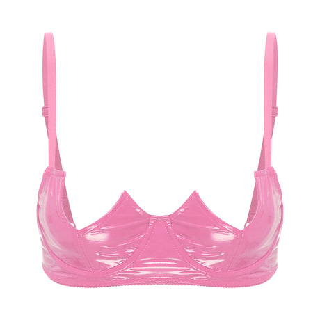 Women Sexy Exposed Nipple Bras Wet Look Patent Leather Underwired Brassiere Top Lingerie for Nightclub Pole Dacing Nightwear
