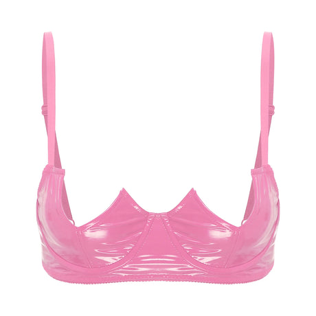 Women Sexy Exposed Nipple Bras Wet Look Patent Leather Underwired Brassiere Top Lingerie for Nightclub Pole Dacing Nightwear