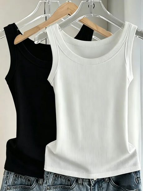 Y2K Ribbed Cotton Tank Tops Womens Summer Slim O-Neck Sleeveless Basic Soft Breathable Vest Sporty Jogging Wear Daily Undershirt