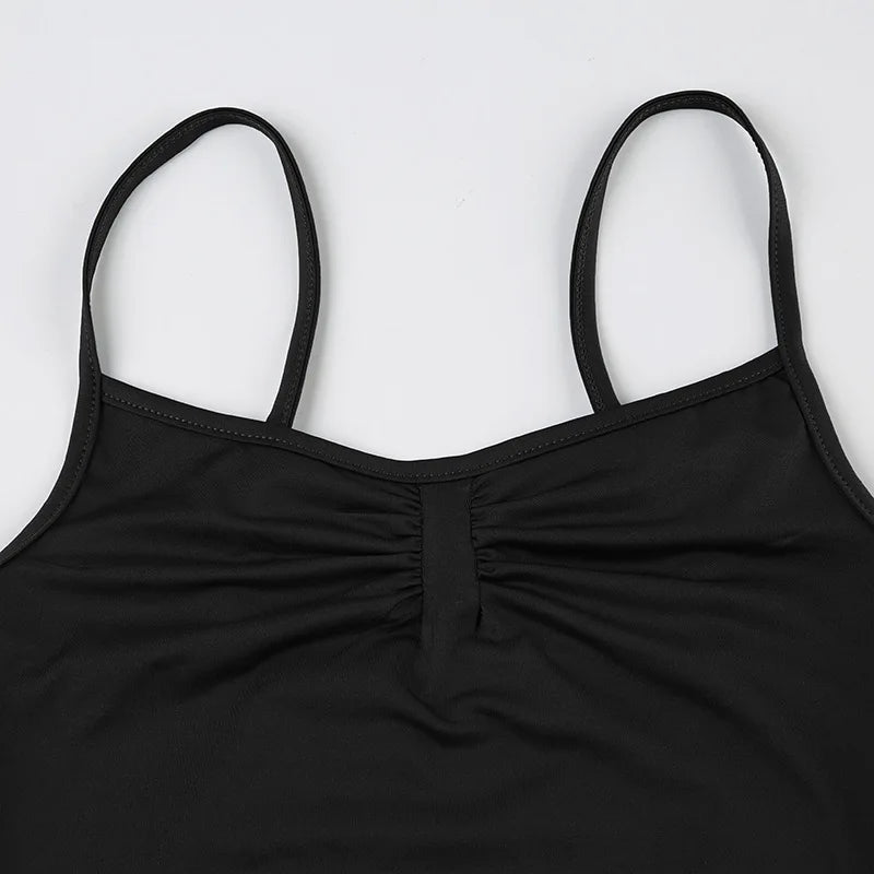 Women's Sleeveless Skinny Shirring Bodysuit Spaghetti Strap Black Solid Simple Basic Sexy Camisole for Vacation