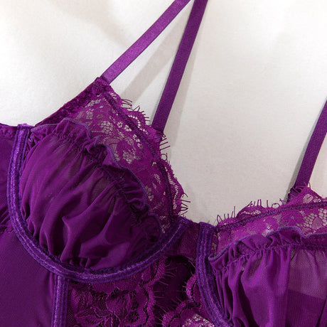 Sexy Purple Eyelash Lace Lingerie Set 3Pcs Mesh Transparent Fishbone Bustier Bra Panty with Stockings Sensual Underwear