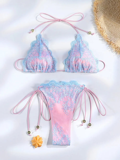 Triangle Swimsuit Pink And Blue Bikini Lace Design Bikinis High Cut Swimwear Halter Swimsuits Two-Piece Bathing Suit Sets