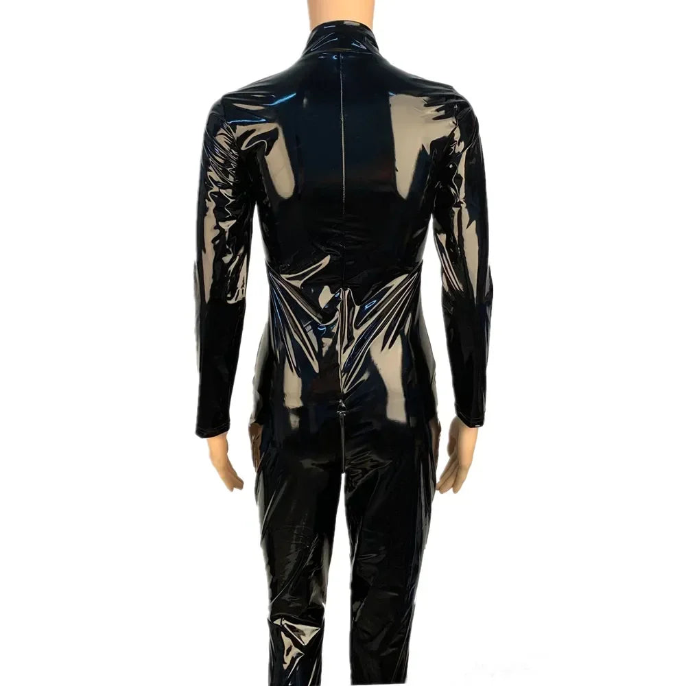 Sexy Hot Women Faux Leather Catsuit PVC Latex Bodysuit Front Zipper Open Crotch Jumpsuits Stretch Bodystocking Costumes