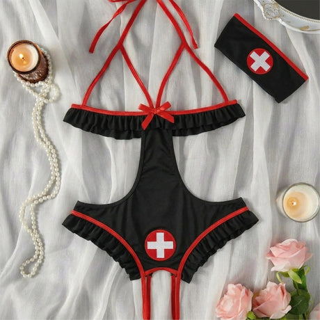 Nurse-Style Cosplay Lingerie Set, Maid-Style Hollow-Out Design Lingerie, Available in White and Black