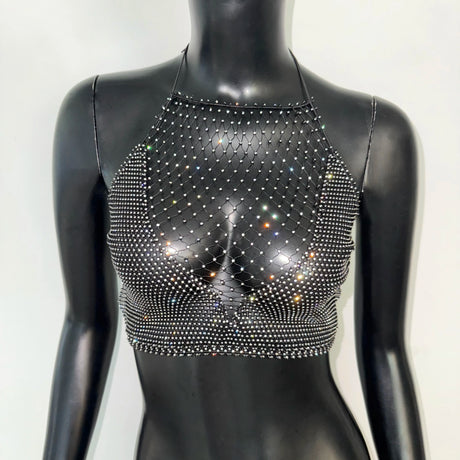 AKYZO European And American Splicing Bright Diamond Fishing Net Spicy Girl Suspender Sexy Party Vest Top