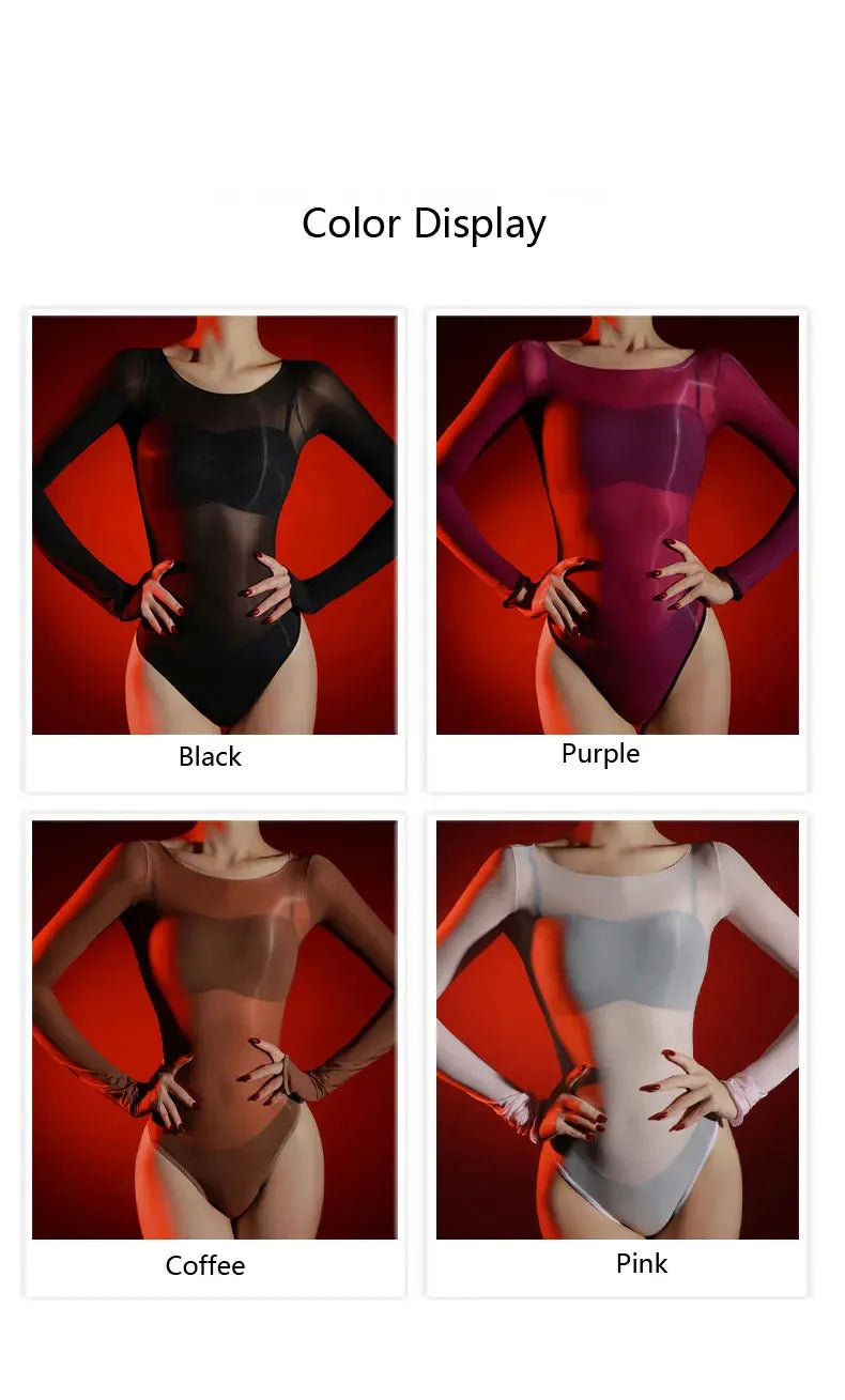 Sexy Women 5D Thin High Cut Bodysuit Oil Shiny Sheer See Through Elastic Tights Yoga Shaping Maid Jumpsuits Unisex Club Leotard