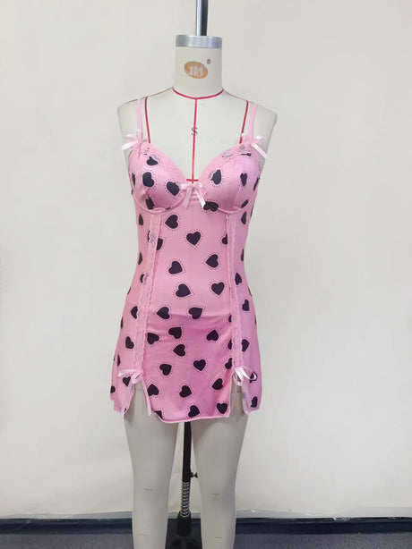 Pajamas Heart Print Lace Patchwork Camisole Dress Sexy Pure Desire Erotic Slim Fit Short Dress Bowknot Deep V Sleeveless Dress