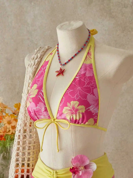 Women European American Sexy Three Piece Bikini Swimwear Set Floral Print Tie Up Swim Skirt Beach Bathing Suit