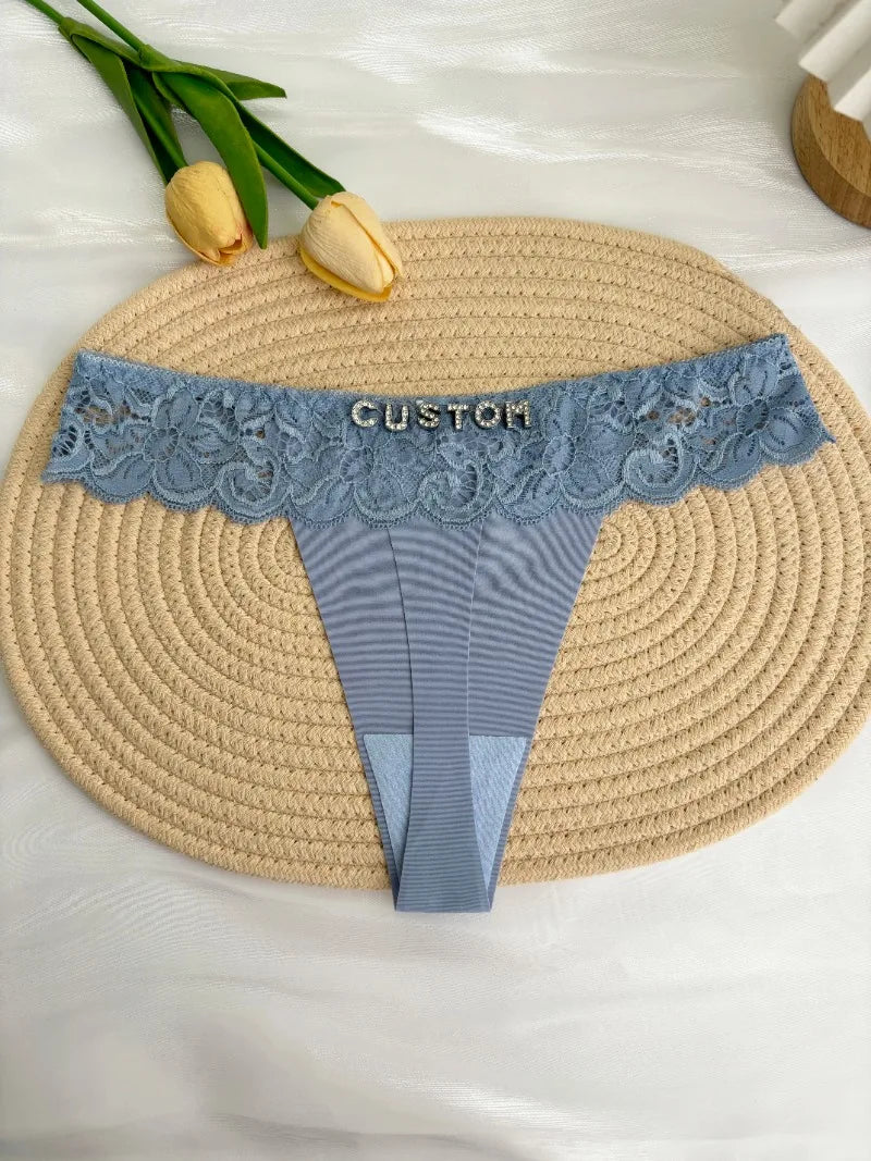 Personalized Custom Thong Name Crystal Letter G-String Low Waisted Lace Thong Ice Silk Bikini Panties Hot Wife Girlfriend Gift