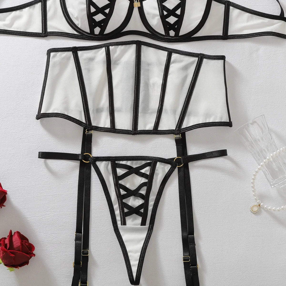 Women's Black White Contrast Strappy Lingerie Set 4PCS Underwire Bra Waist Cincher Garter Belt Thong Thigh Cuffs Sexy Intimate