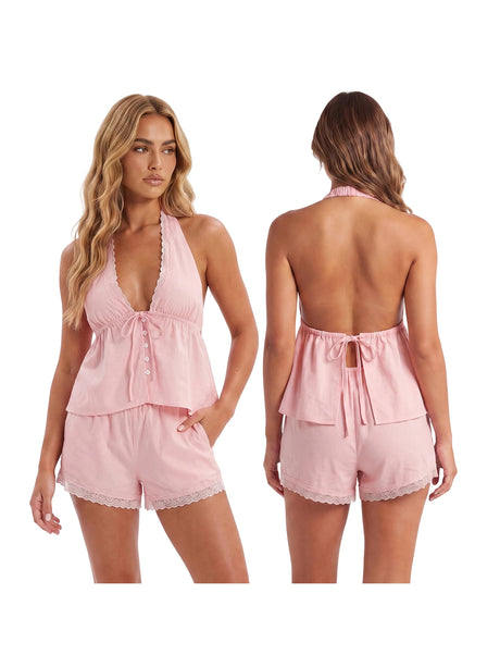 Women Summer Casual Outfit Lace Trim Halter Babydoll Tops and Shorts Solid Color 2 Pieces Sets