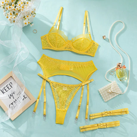 InstaBay Delicate Lace Lingerie 4 Pcs Sets Woman Mesh Patchwork See Through Bras And Thongs Garter Suits Erotic Intimate Outfit