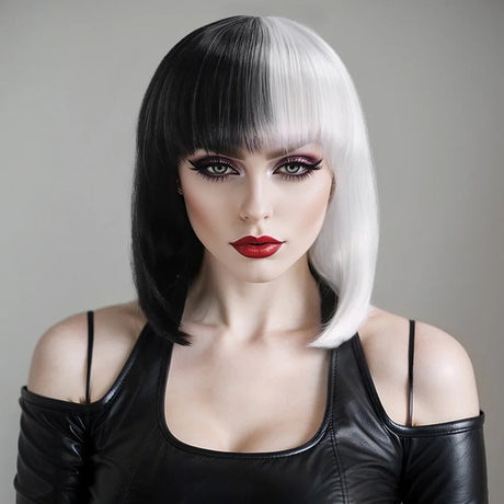 Cosplay Halloween Party Wigs CRUELLA Deville De Vil Black White With Bangs Short Bob Hair for Women Heat-Resistant Synthetic Wig