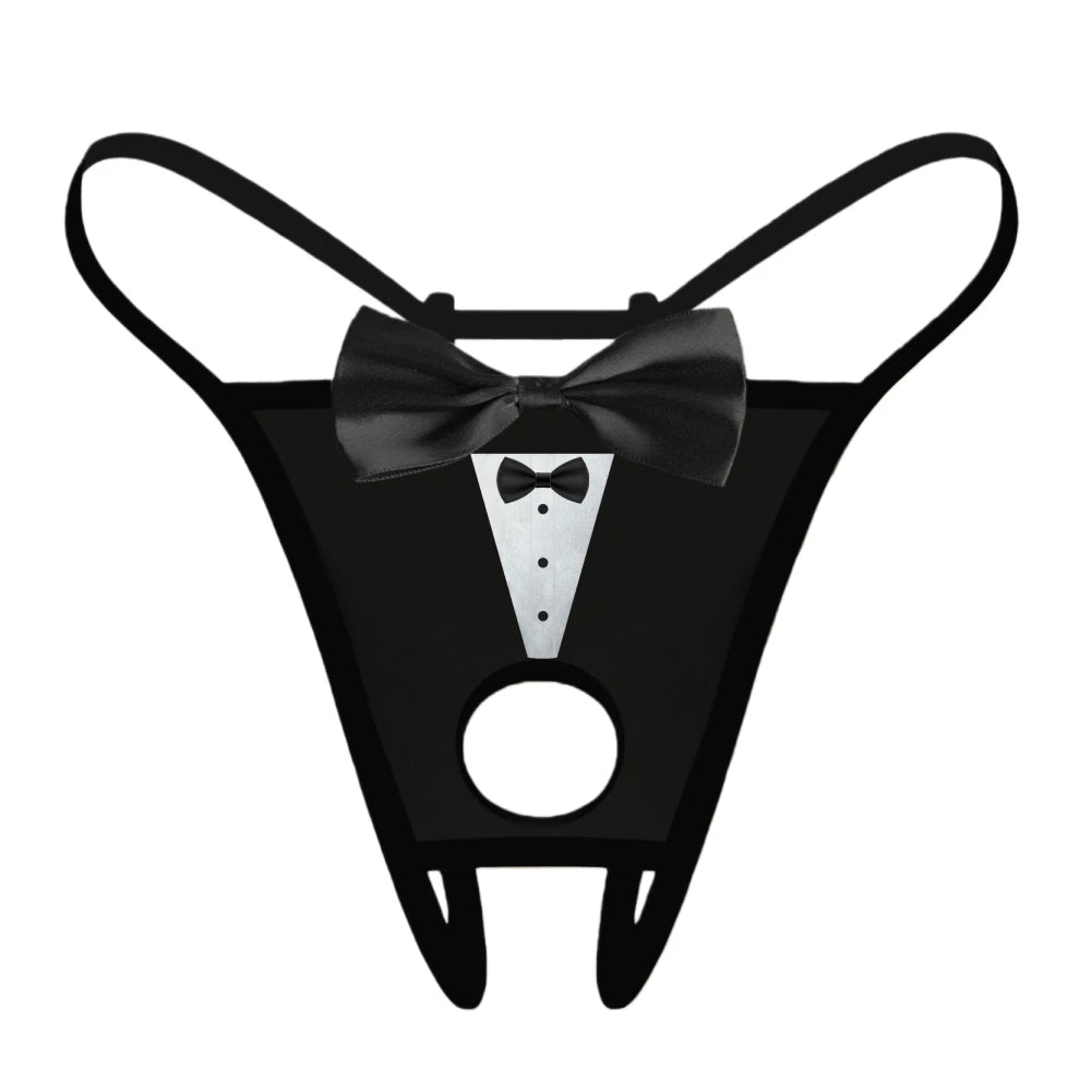 Men's Sexy Bow Decoration Thong Underwear with Fun Printed Breathable Soft Hollow Out Underwear