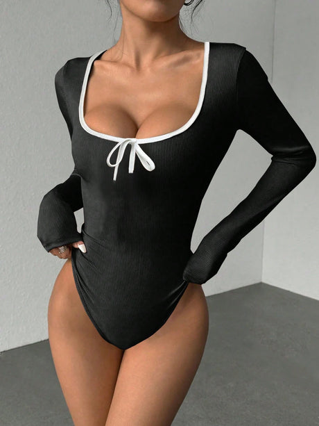 Women Square Neck Contrast Trim Tie Front Ribbed Knit Long Sleeve Bodysuit High Cut Slim Fit Y2K Sexy Casual Basic One Piece Top