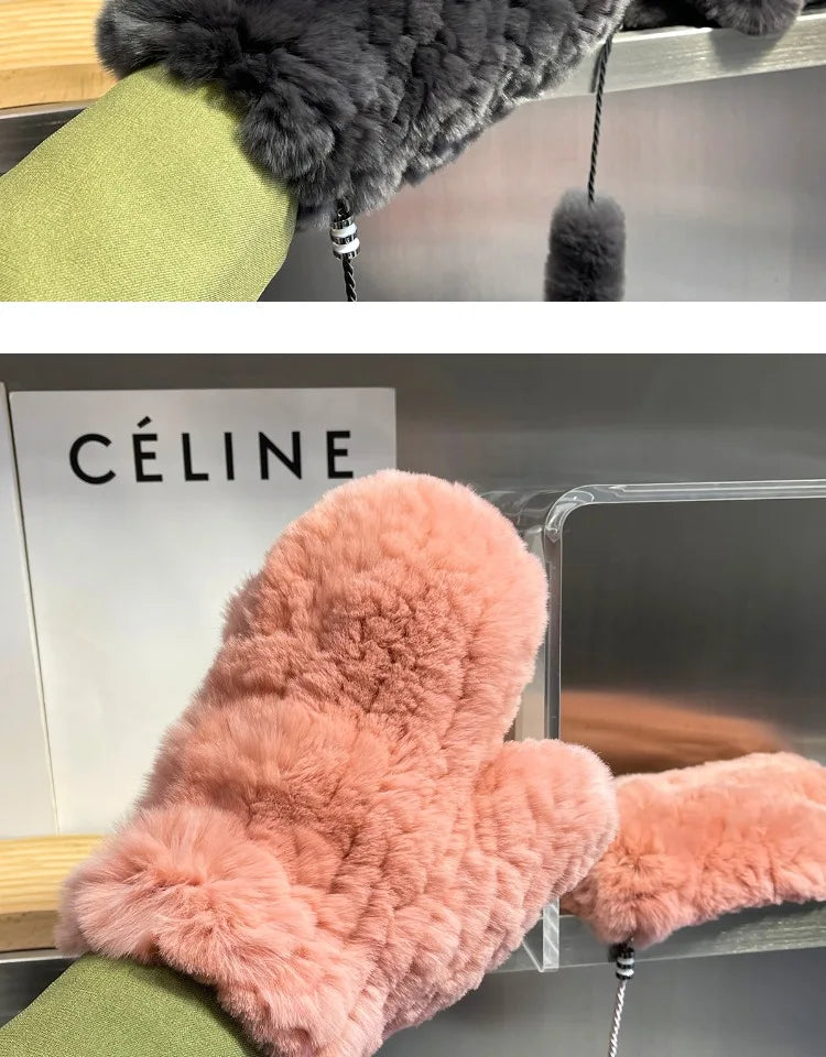 Hot Sale Women's 100% Natural Rabbit Fur Winter Gloves Warm Knit Thick Thermal Mittens Soft Real Fur Outdoor Cold Weather Glove