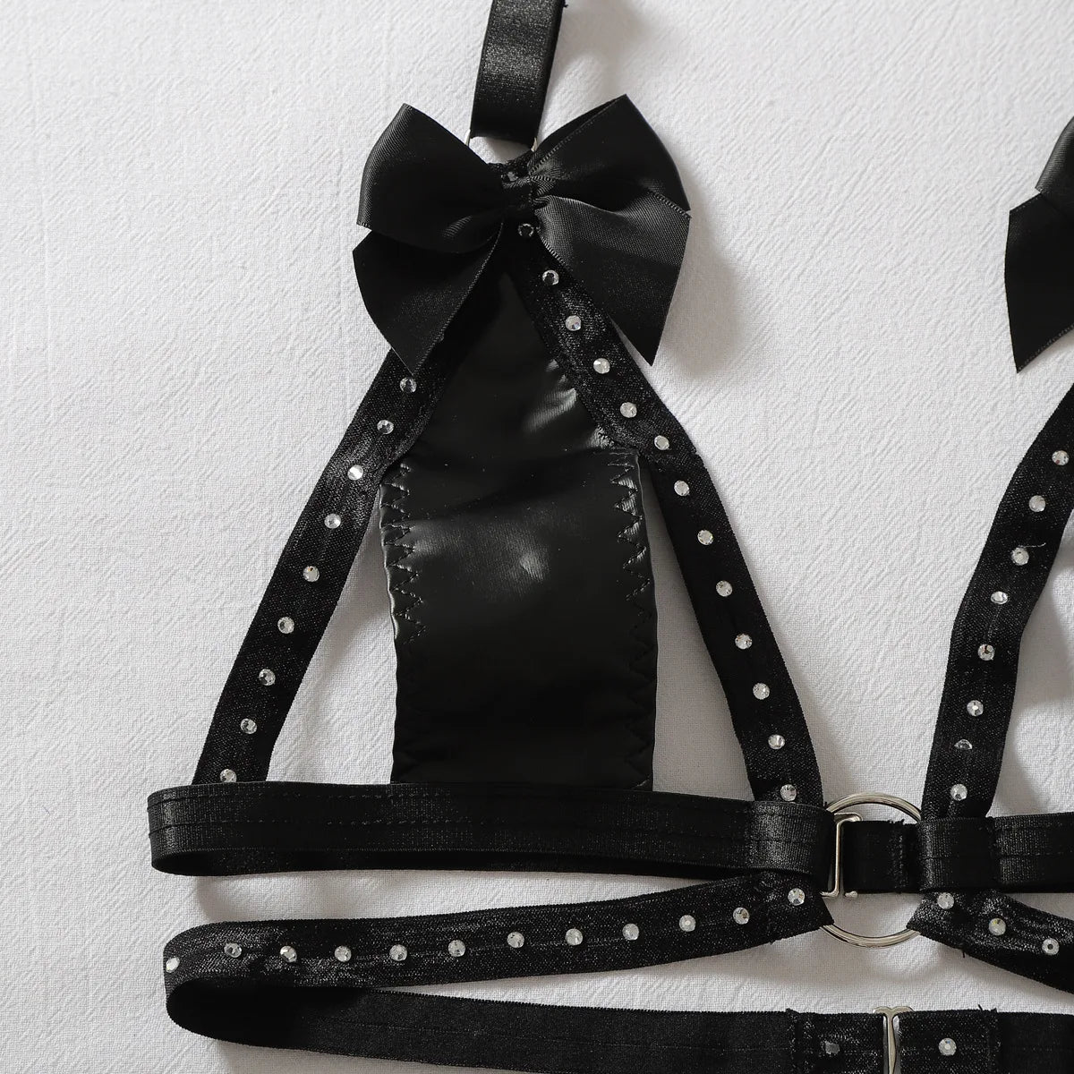Women's Faux Leather Harness Underwear Lingerie Set Bow Decor Rhinestone Trim Halter Bra Garter Belt Panty 3‑Pcs Intimate Outfit