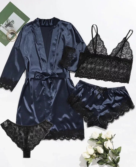 Women's Summer Sexy Pajama Pants Set 4 Pieces Lace Satin With Silk Sleepwear Robe Fashion And Comfortable Nightwear