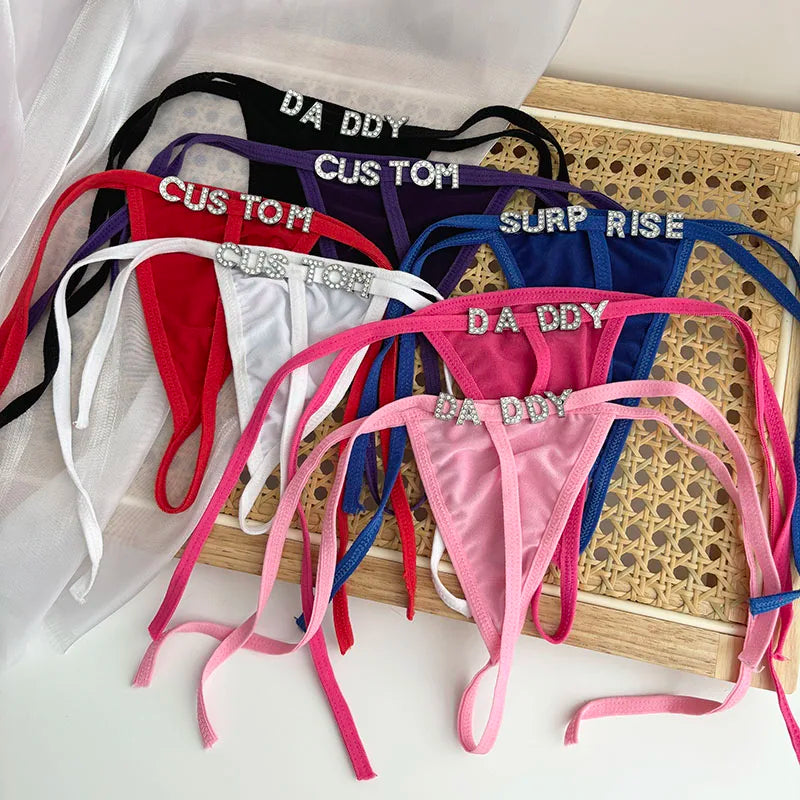 Personalized Custom Rhinestone Letter Name Low Waist Strap Thong G-String Tanga Underwear Bikini Wife Girlfriend Custom Gift
