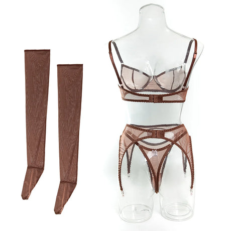Ellolace Solid Lingeries Sexy Hot Sissy See Through Mesh Bra 3PC Set with Stockings Tempted Underwear Fancy Erotic Clubwear