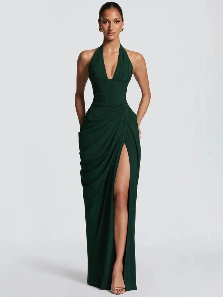 Mozision Wine Red Halter Deep V Maxi Dress Women Elegant Draped Ruched High Split Bodycon Cocktail Wedding Club Party Dresses