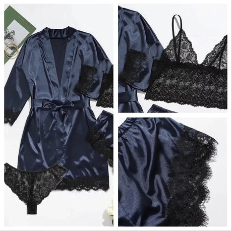 Women's Summer Sexy Pajama Pants Set 4 Pieces Lace Satin With Silk Sleepwear Robe Fashion And Comfortable Nightwear