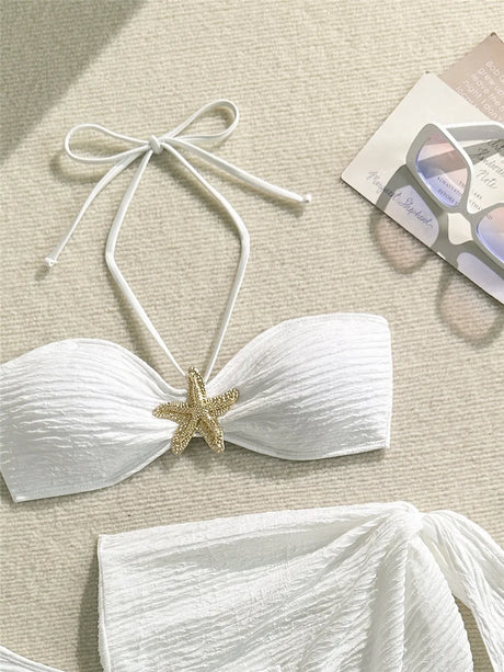 Metal Starfish Brown Bandeau Bikinis Sets 3 Pieces Sexy Swimsuit Cover Up Women 2026 Holiday Swimwear High Cut Bather Beach Wear