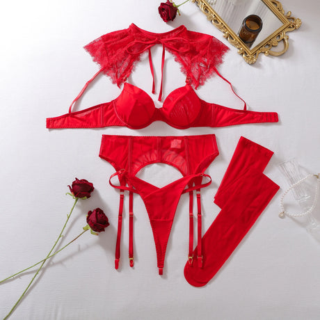 Exclusive Women's Lingerie Intimate Set Romantic Lace Capelet Bra Garter Thong 3PC Stockings Oriental Vintage Chic Girls' Outfit