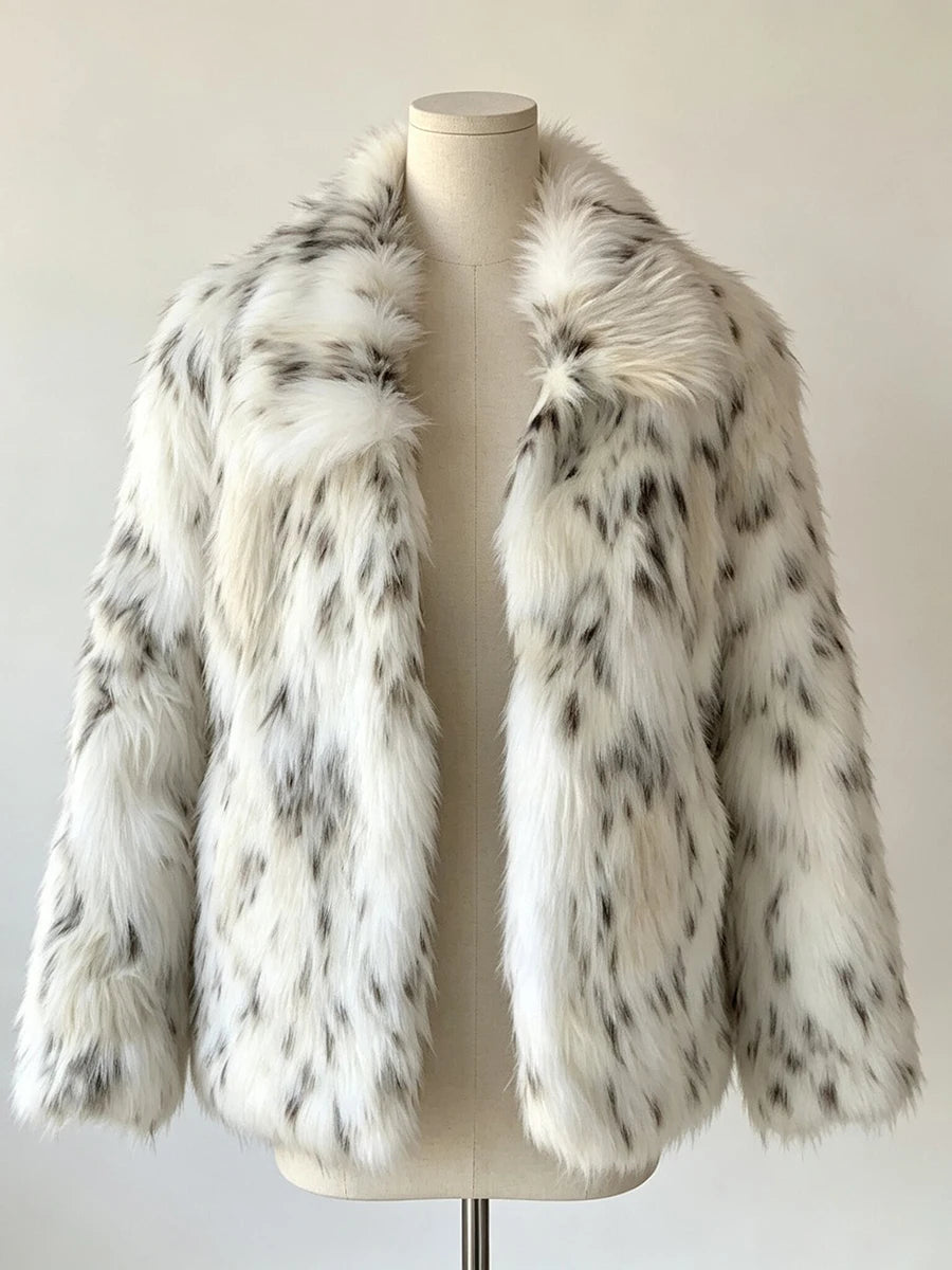 LIMO Women White Grey Spotted Faux Fur Notch Open Front Long Sleeve Cropped Fluffy Warm Winter Loose Fashion Daily Coat