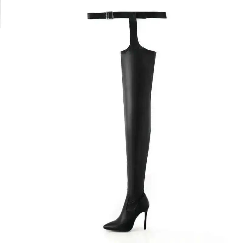 White Sexy Stiletto Heel Belt Buckle Over The Knee Boots Big Size 41-46 Pu Leather Thigh High Boots Shoes