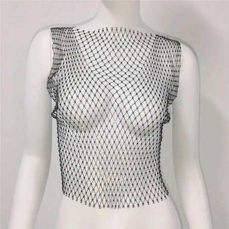 New Sexy Mesh Crop Tops for Women Summer Rhinestones Fashion Party Club See Through Fishnet Tank Hollow Out Backless Top