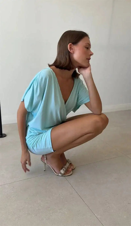 Mozision Deep V Neck Warp Sexy Mini Dress Women Elegant Short Sleeve Backless Ruched Bodycon Club Party Dress Female Clubwear