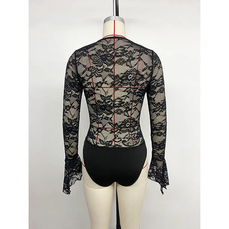 Benuynffy Black V-neck Long Sleeve Bodysuit Women's Sexy See Through Lace Bodys for Women Slim Fit One Pieces Tight Body Top