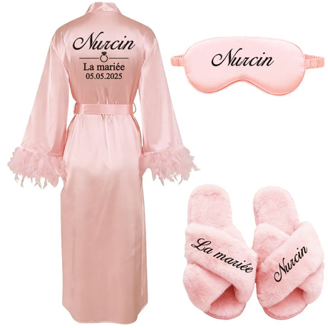 Customized Bathrobe for Women Personalized Name And Date Robe Add Any Text Gown for Bridal Party Feather Bride Robes