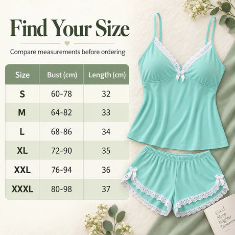Women's Lace Trim Camisole Shorts Pajama Set, V Neck Bow Detail Sleeveless Two Piece Sleepwear in Solid and Printed Colors