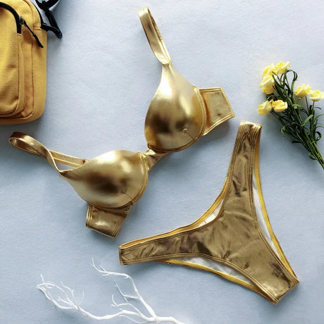 Shiny PU Faux Leather Bikini Push Up Swimsuit Women Swimwear Female Two-pieces Bikini set Bra Cup Bather Bathing Suit Swim