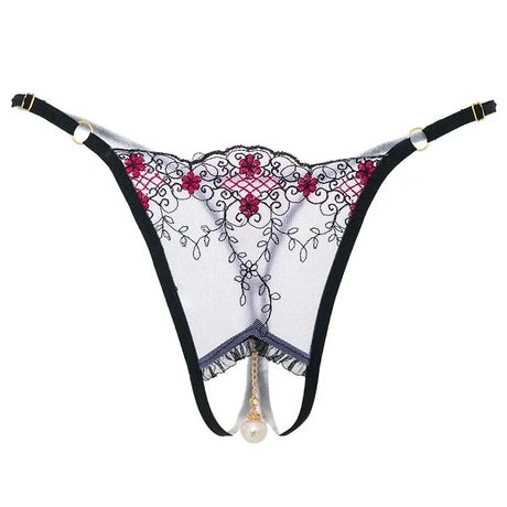 Women Sexy Crotchless Thong with Pearl Pendant Lace Embroidery Transparent G-string Tanga Underwear Lingerie
