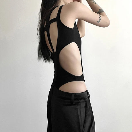 Gothic tops Y2k clothes sexy spicy hollow out bodysuit nigh clubwearr ashion women's patchwork slim fitting jumpsuit top tees