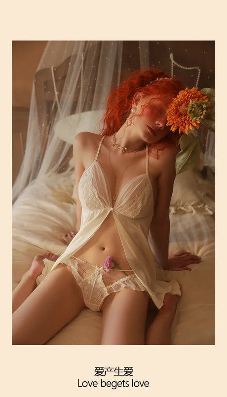 Home Temptation Pure Pajamas Panties Two-Piece Set Front Buckle Lace Nightgons Sexy Lingerie Beauty Back Suspenders Nightdress