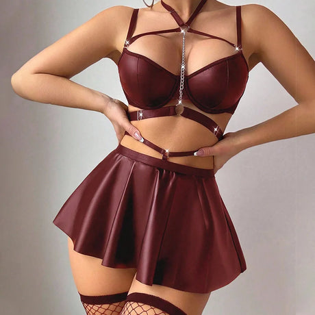 Sexy Metal Chain PU Leather Lingerie Set Women Bra Skirt Garter Belt Crotchles Panties Erotic Role Play Halloween Costume Outfit