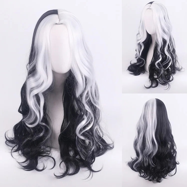 Cosplay Halloween Party Wigs CRUELLA Deville De Vil Black White With Bangs Short Bob Hair for Women Heat-Resistant Synthetic Wig