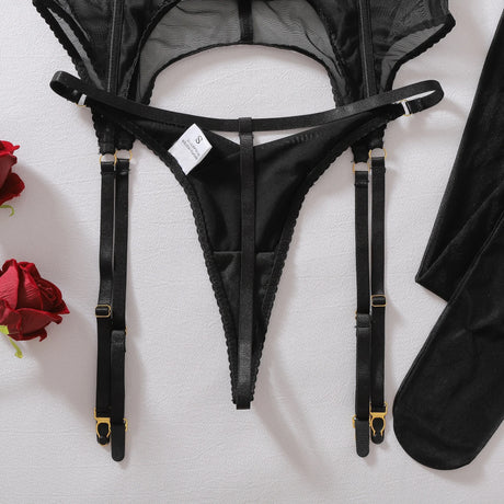 Exclusive Women's Lingerie Intimate Set Romantic Lace Capelet Bra Garter Thong 3PC Stockings Oriental Vintage Chic Girls' Outfit