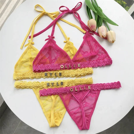 Name Custom Crystal Letter Thong Lace Tie Neck Bikini Bra Panties Sexy Personalized Name Low Waist G-String Underwear Bra Set