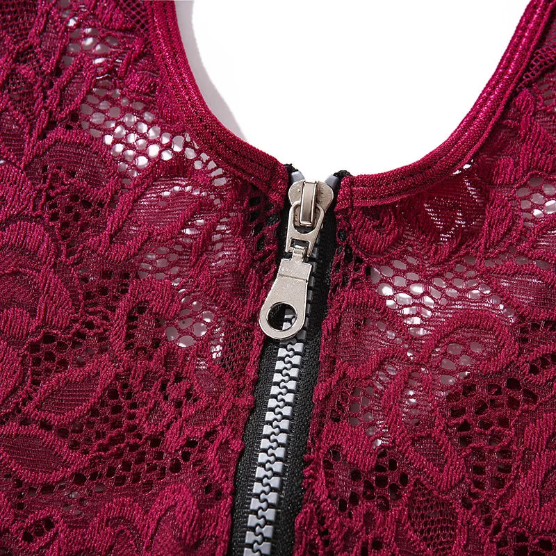 Sexy Zipper Front Lace Bodysuit High Cut Mesh Teddy Lingerie Women Halter Neck See Through Body Stocking Erotic Costume Purple