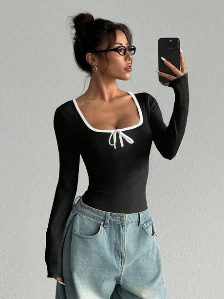 Women Square Neck Contrast Trim Tie Front Ribbed Knit Long Sleeve Bodysuit High Cut Slim Fit Y2K Sexy Casual Basic One Piece Top