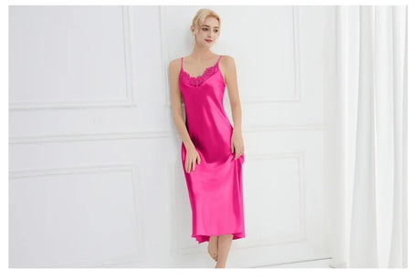 Sexy Women Long Nightgown Intimate Lingerie Patchwork Lace Suspender Nightdress Chemise Sleepwear Loungewear Silk Satin Homewear
