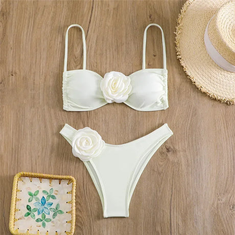 Sexy Flower Bandeau Swimwear Thong Bikini 2026 Women Lace-up Swimsuit Swimming Bathing Suit Brazilian Bikinis Sets Mujer Biquini