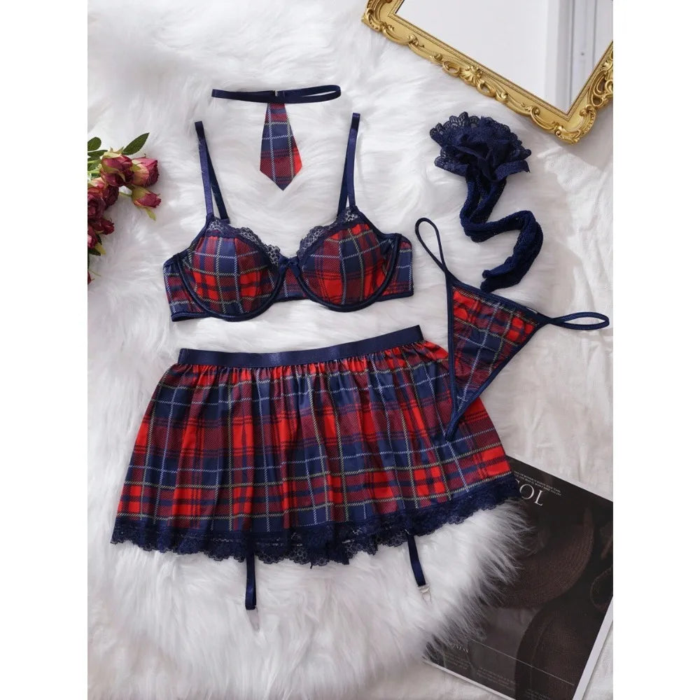 Red Blue Plaid Lace Choker Collar Garters Sexy Summer Clothes Apparel Women Ladies Lingerie Erotic Uniform Outfit Set