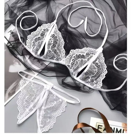 New Style Erotic Three-point Lingerie Set Women's Lace Hollowed Out Non Adjustable Underwear Sexy Crotchless Low Waist G-string